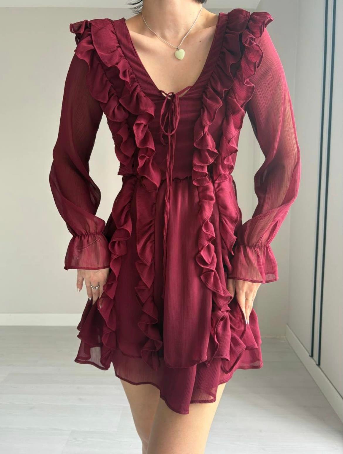Marka Muadil Fırfırlı Bordo Elbise
