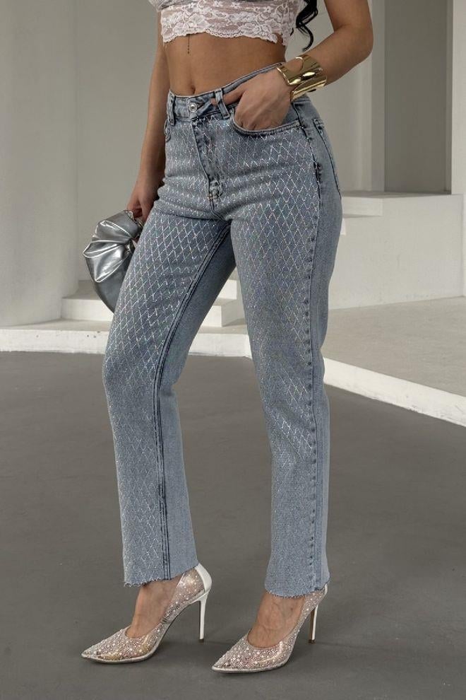 Taşlı Mom Fit Pantolon