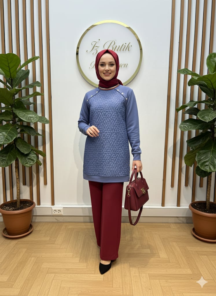 Nihan Kapitone Detay İndigo Sweat Tunik