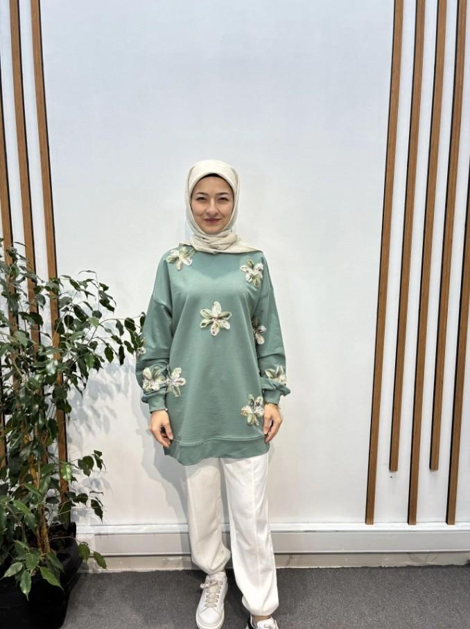 Yeşil Çiçek Detaylı Sweatshirt Tunik