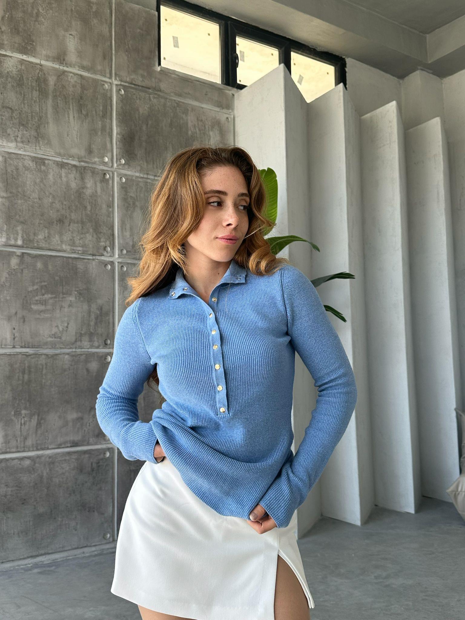 Çıtçıtlı Boğazlı Kazak Mavi