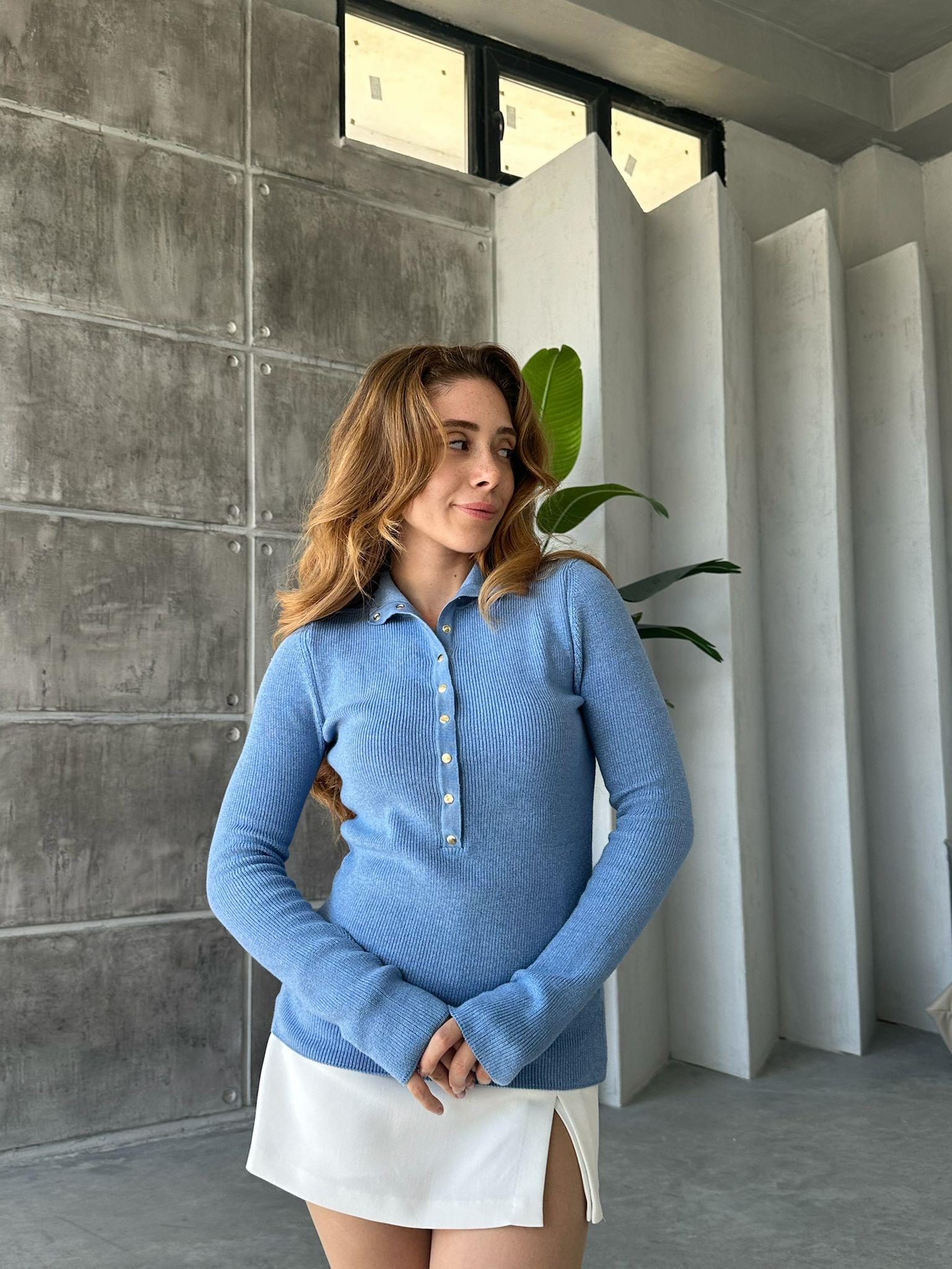 Çıtçıtlı Boğazlı Kazak Mavi