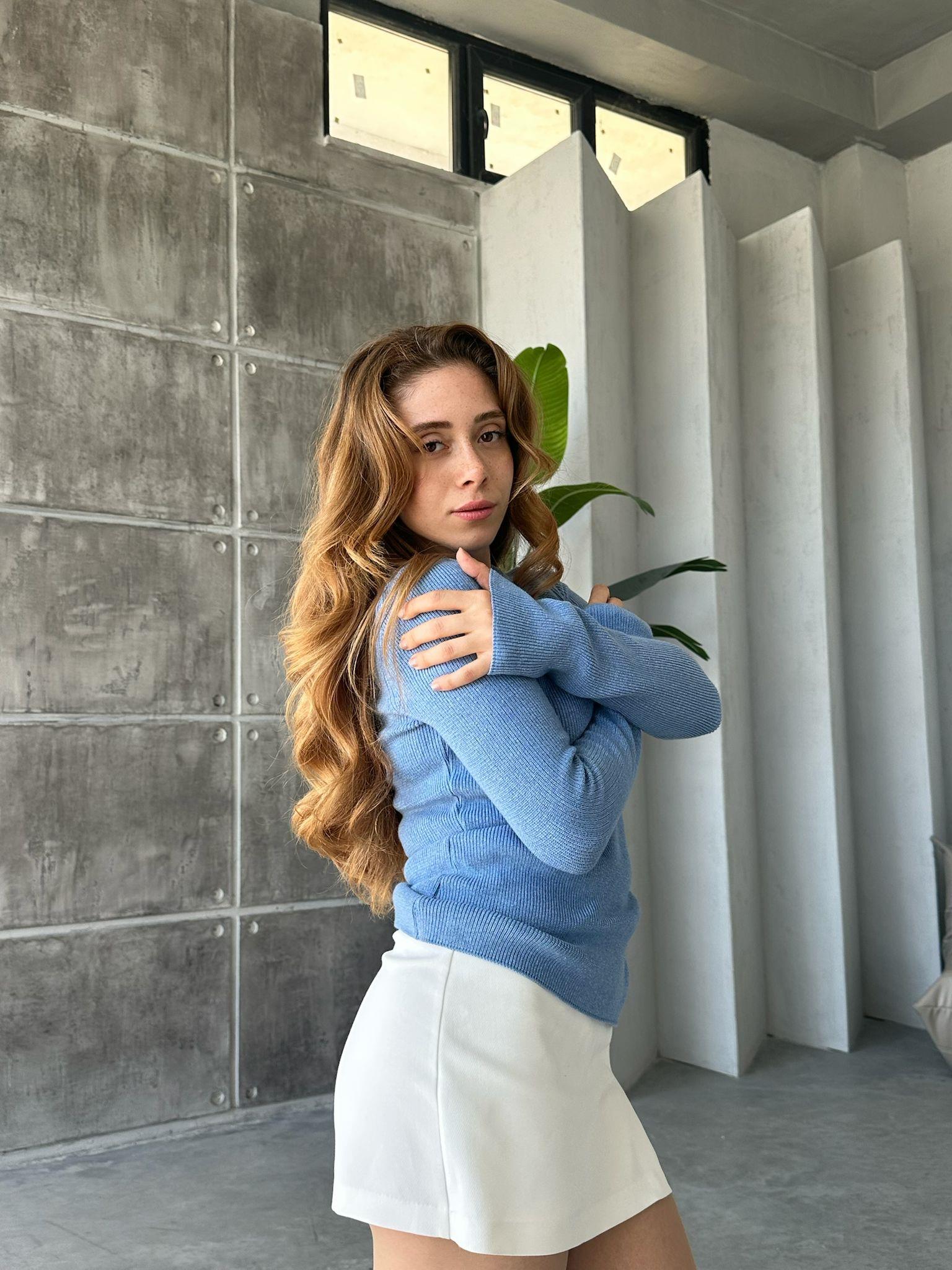 Çıtçıtlı Boğazlı Kazak Mavi