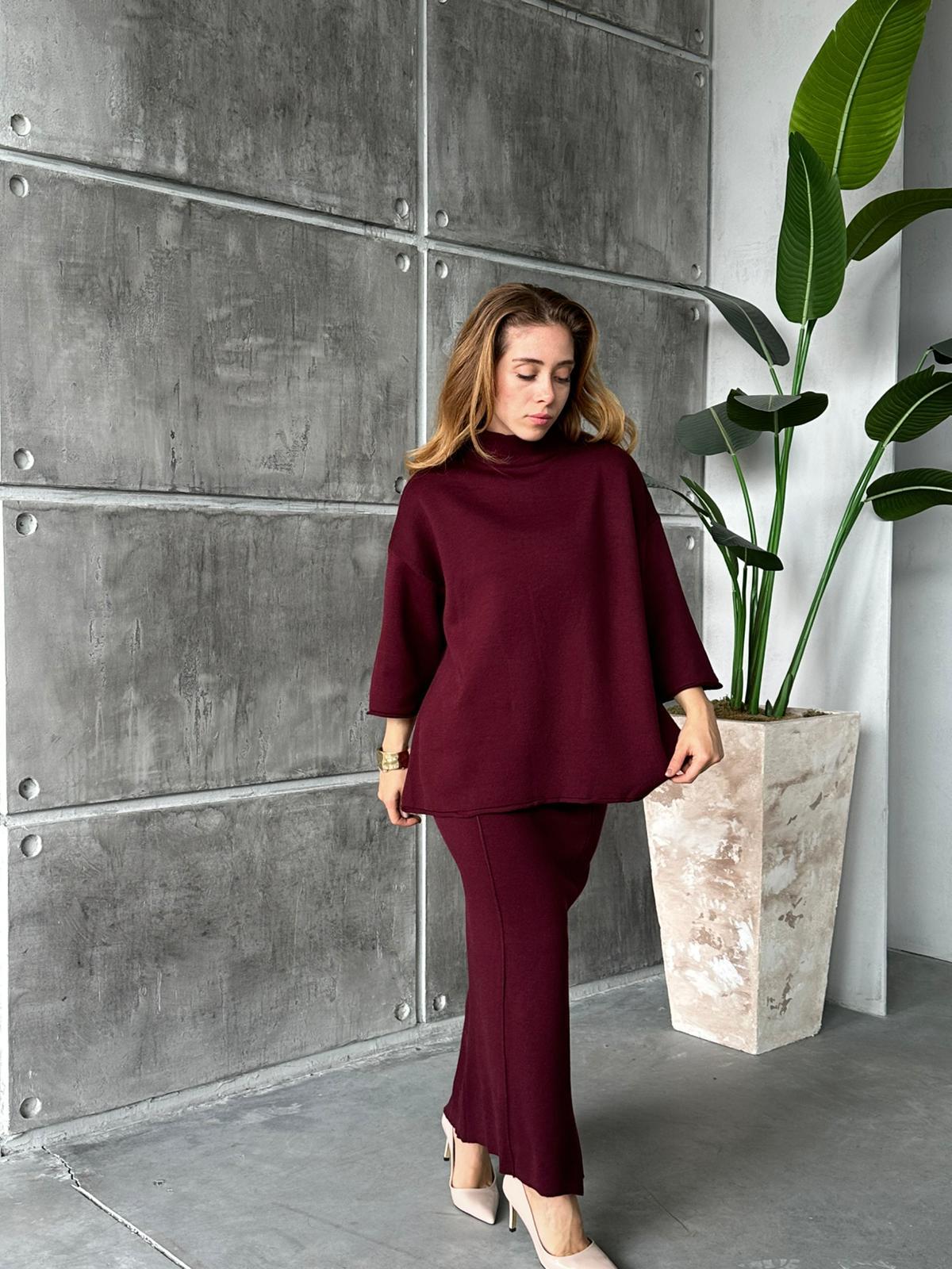 Etekli Geniş Kollu Triko Takım Bordo