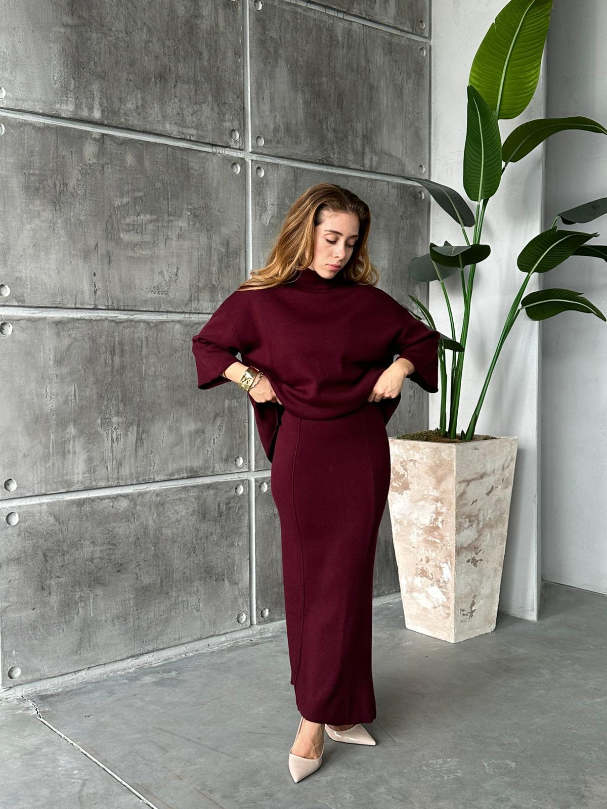 Etekli Geniş Kollu Triko Takım Bordo