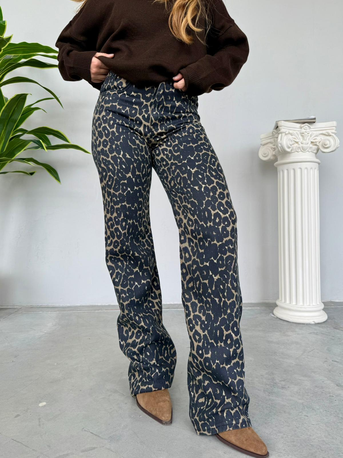 Leopar Desen Wide Leg pantolon