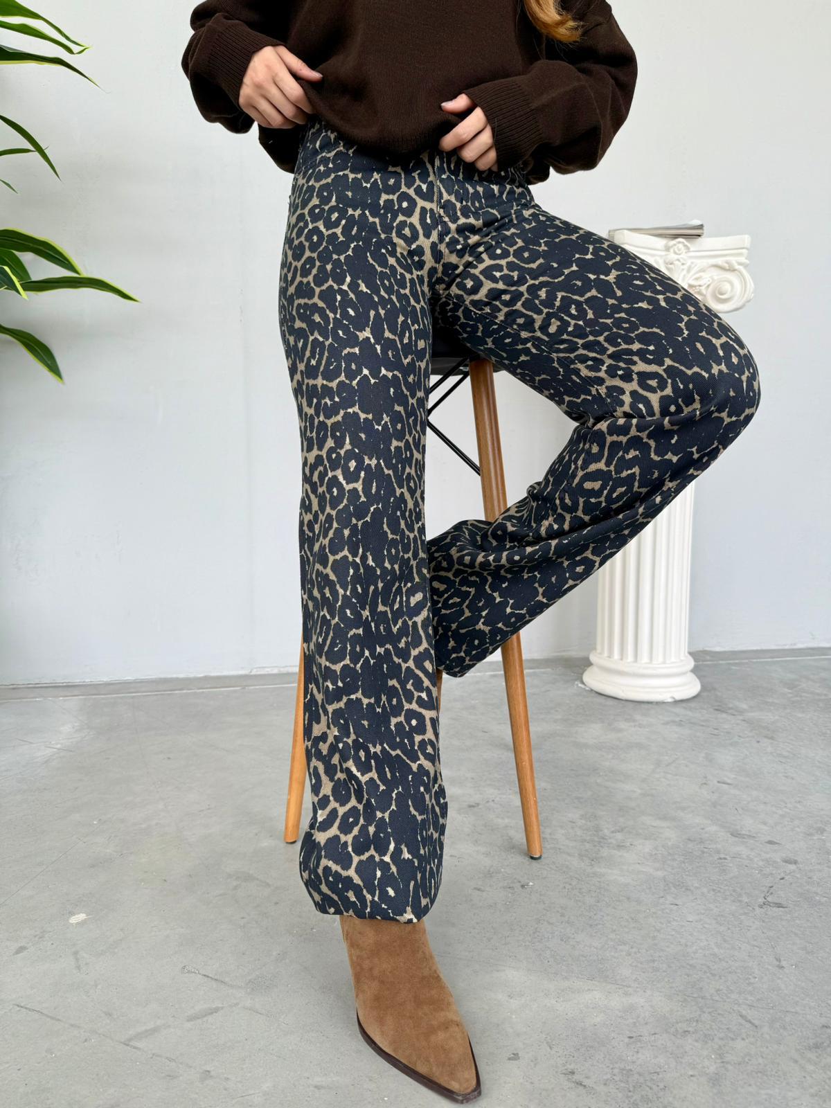 Leopar Desen Wide Leg pantolon