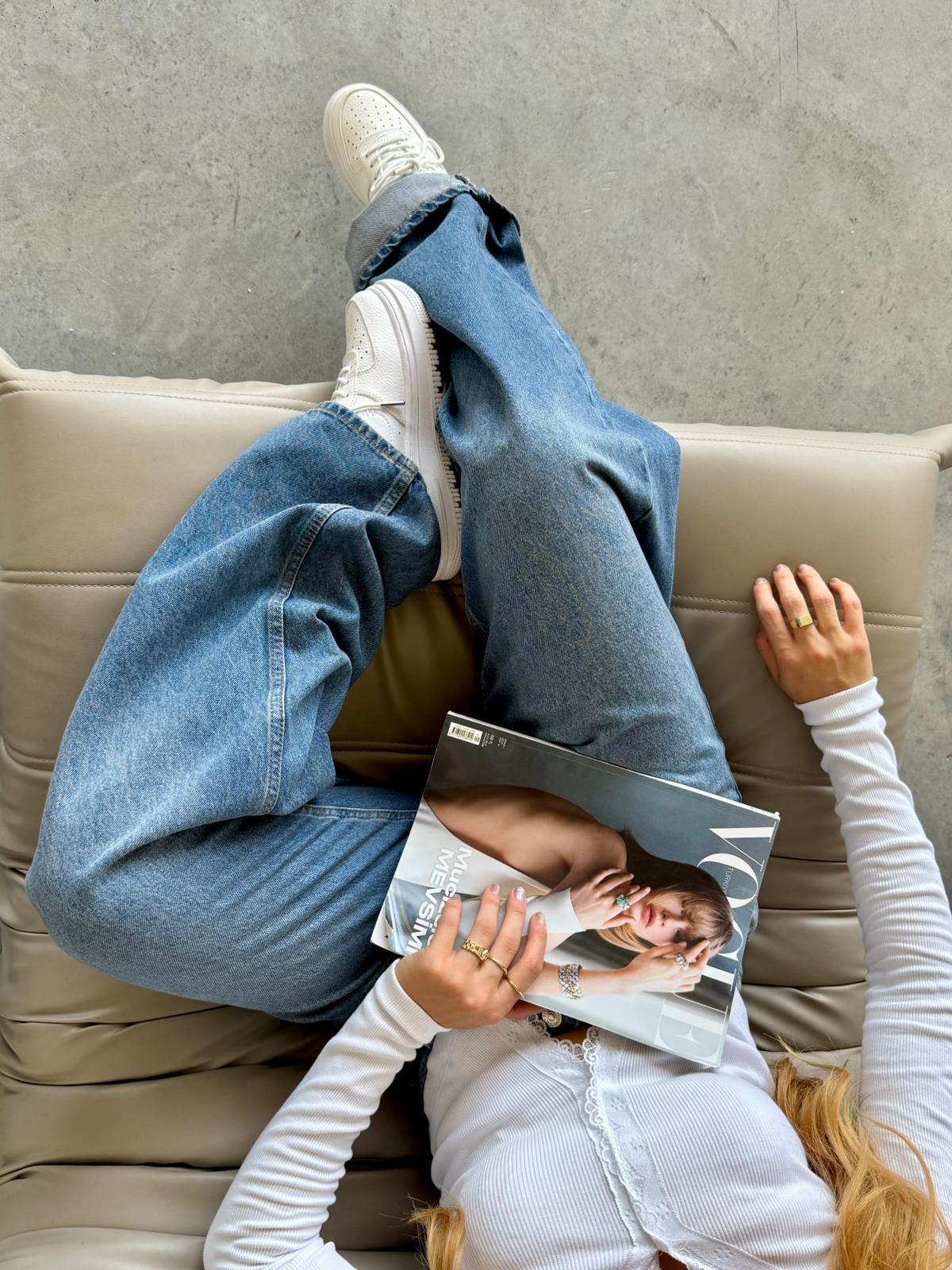Yan Cep Boyfriend Pantolon Yıkamalı Tint Blue