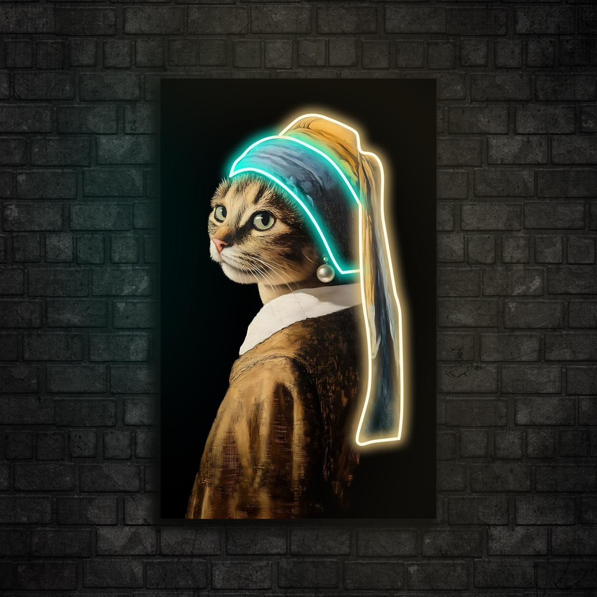 İnci Küpeli Kedi Baskılı Neon Tabela