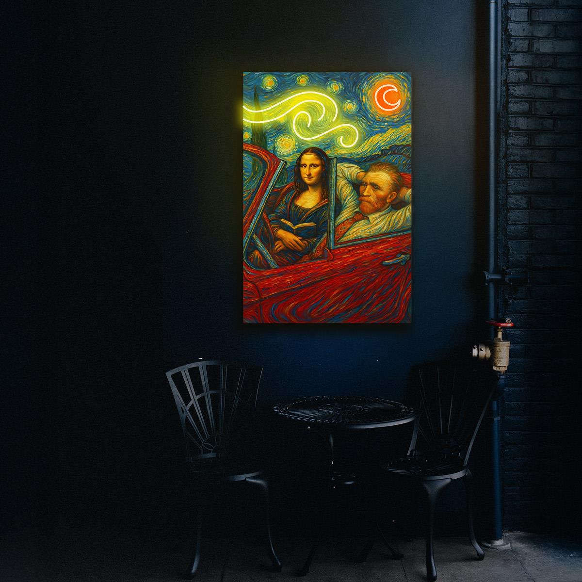Mona Lisa ve Van Gogh Baskılı Neon Tabela