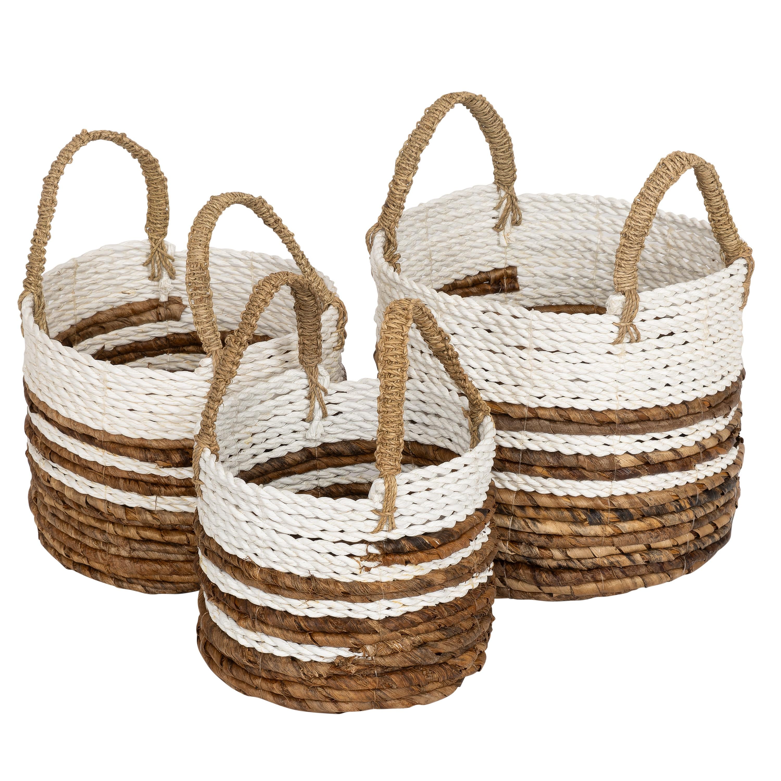 Hasır Sepet 3 lü Naturel Beyaz H 18 cm Kulplu