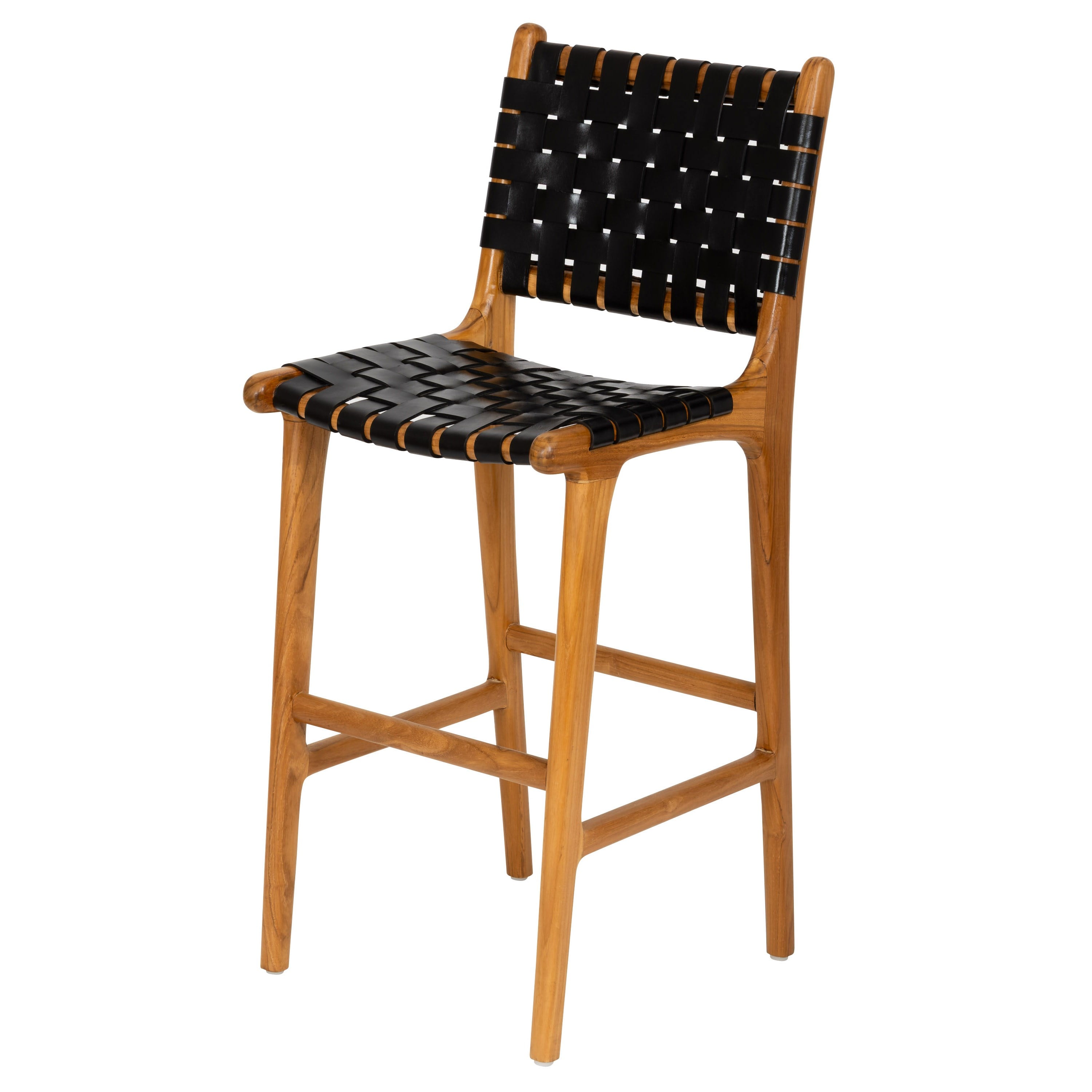 Siyah Deri Oturumlu Teak Yüksek Naturel Renk Sandalye Y.65 cm