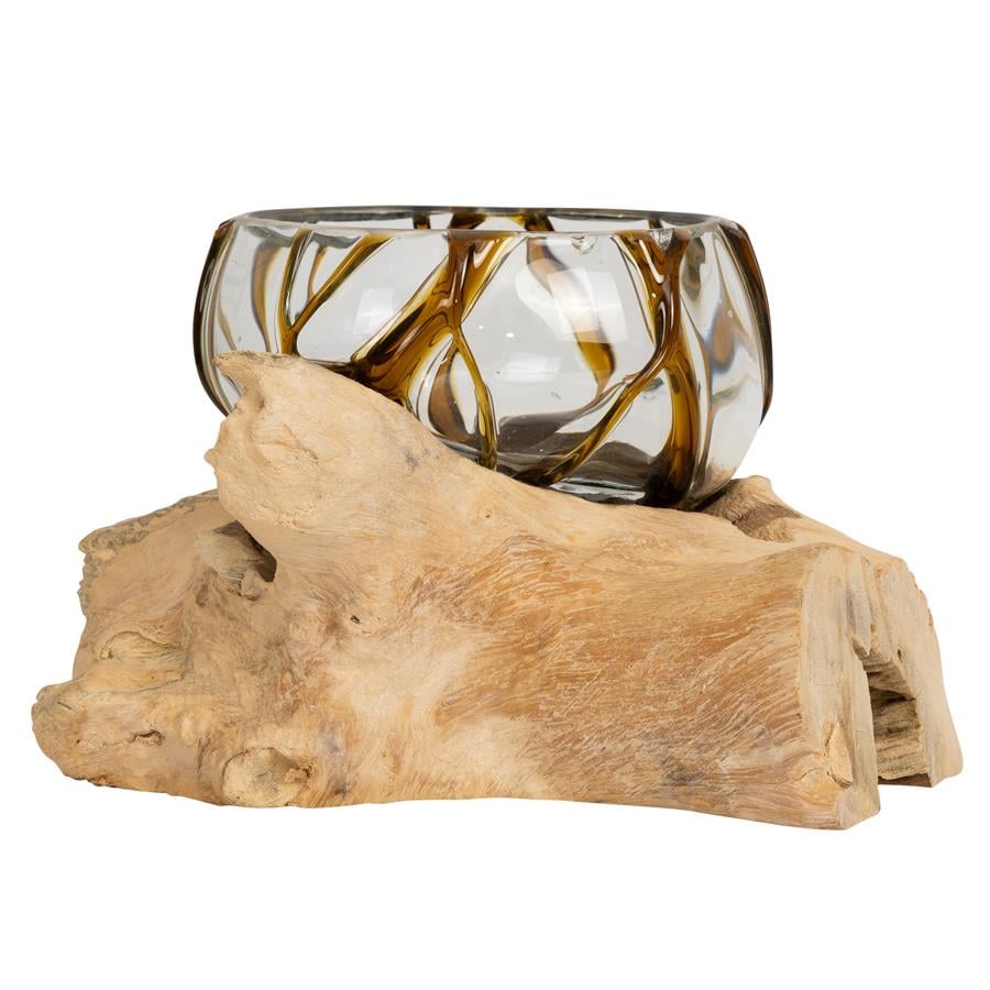 Vazo Ahşaba Cam Üfleme Bowl  10 cm Amber Çizgili