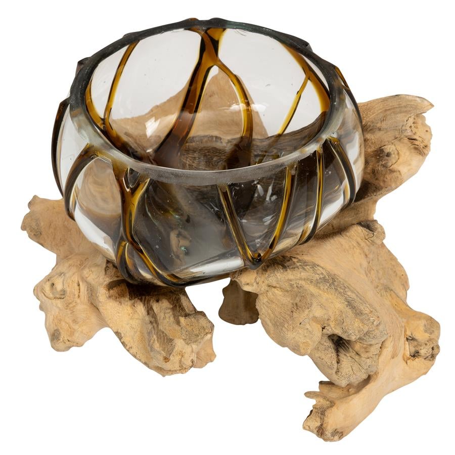 Vazo Ahşaba Cam Üfleme Bowl  10 cm Amber Çizgili
