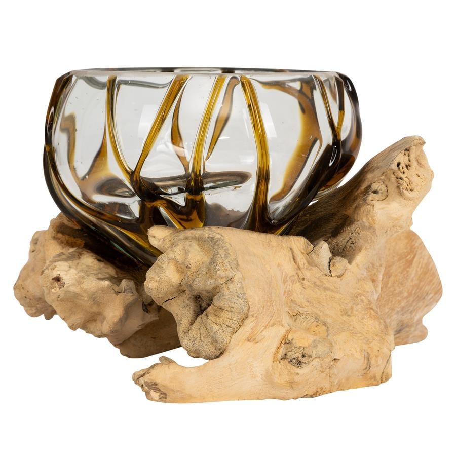 Vazo Ahşaba Cam Üfleme Bowl  10 cm Amber Çizgili