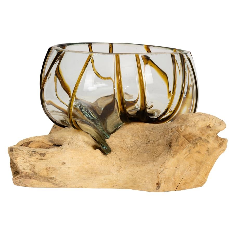 Vazo Ahşaba Cam Üfleme Bowl  13 cm Amber Çizgili