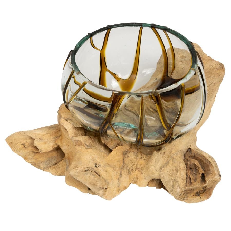 Vazo Ahşaba Cam Üfleme Bowl  13 cm Amber Çizgili