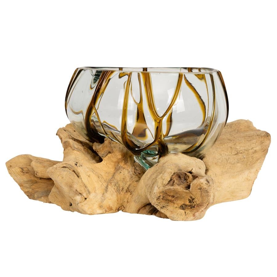 Vazo Ahşaba Cam Üfleme Bowl  13 cm Amber Çizgili