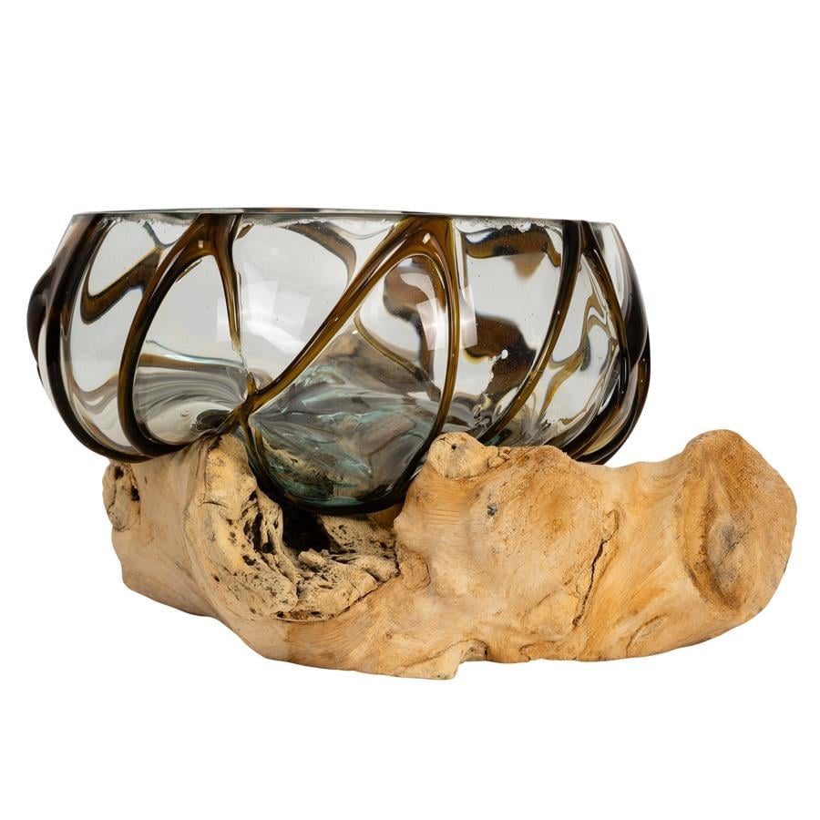 Vazo Ahşaba Cam Üfleme Bowl  15 cm Amber Çizgili