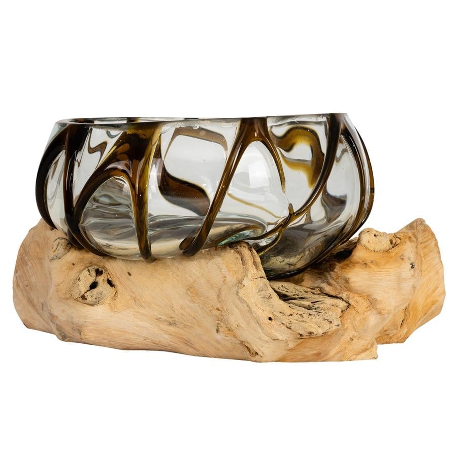 Vazo Ahşaba Cam Üfleme Bowl  15 cm Amber Çizgili