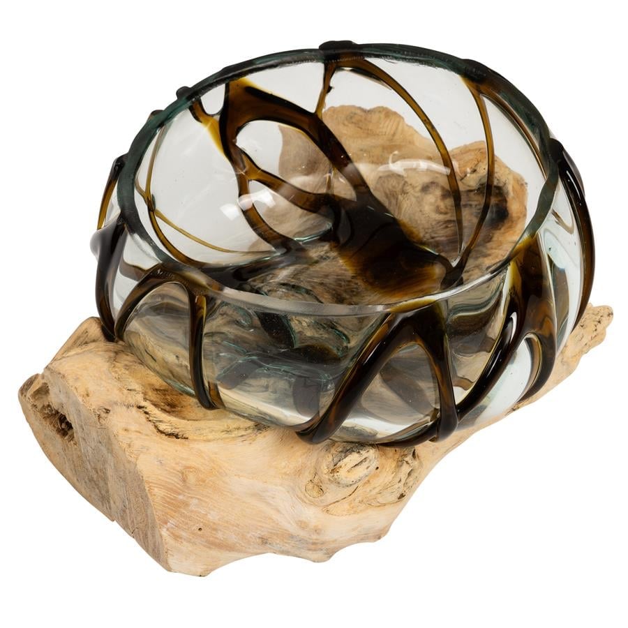 Vazo Ahşaba Cam Üfleme Bowl  15 cm Amber Çizgili