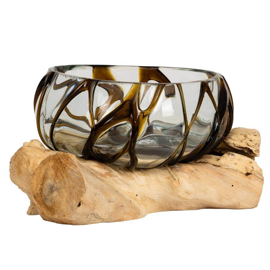 Vazo Ahşaba Cam Üfleme Bowl  15 cm Amber Çizgili
