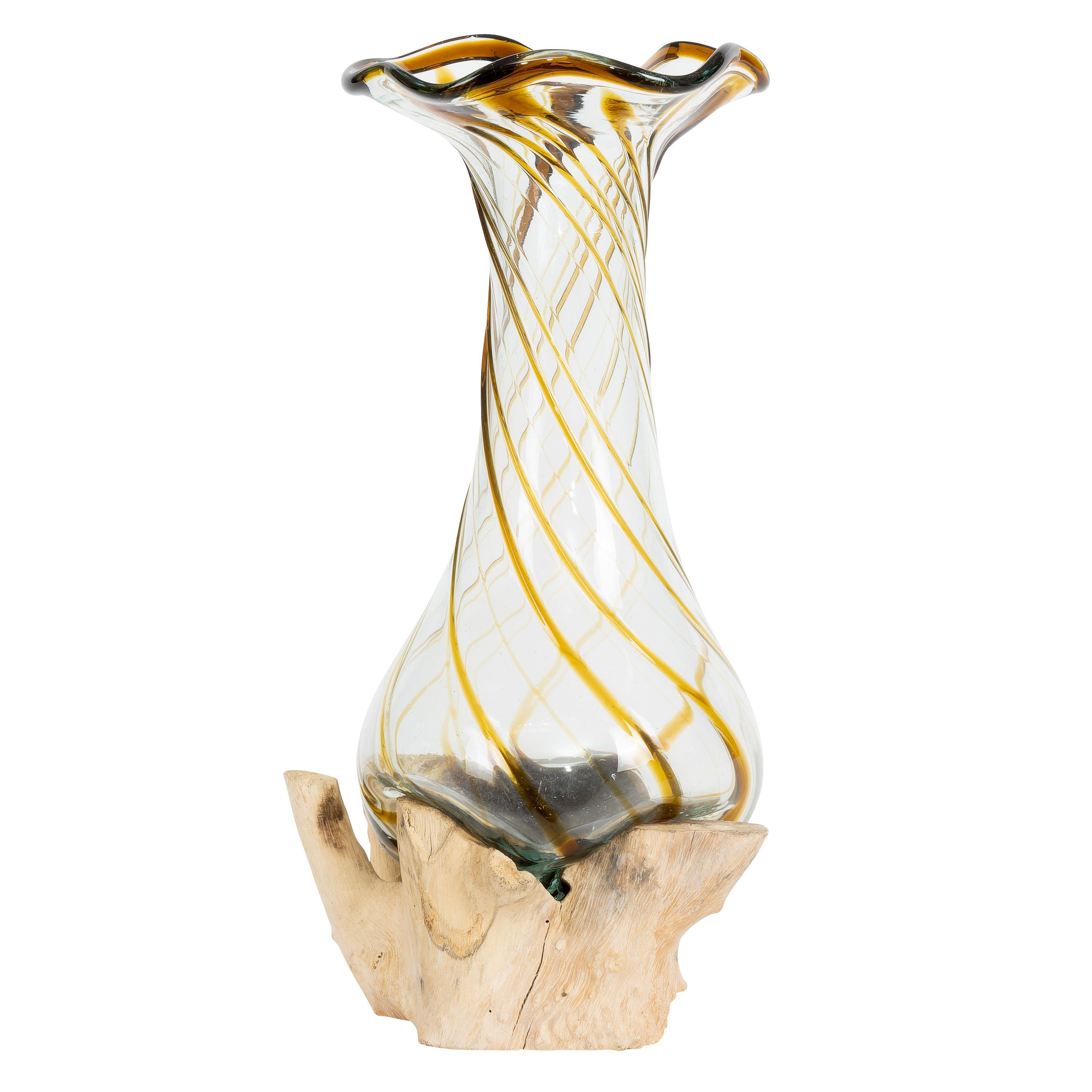 Vazo Ahşaba Cam Üfleme Bowl  25 cm Amber Çizgili