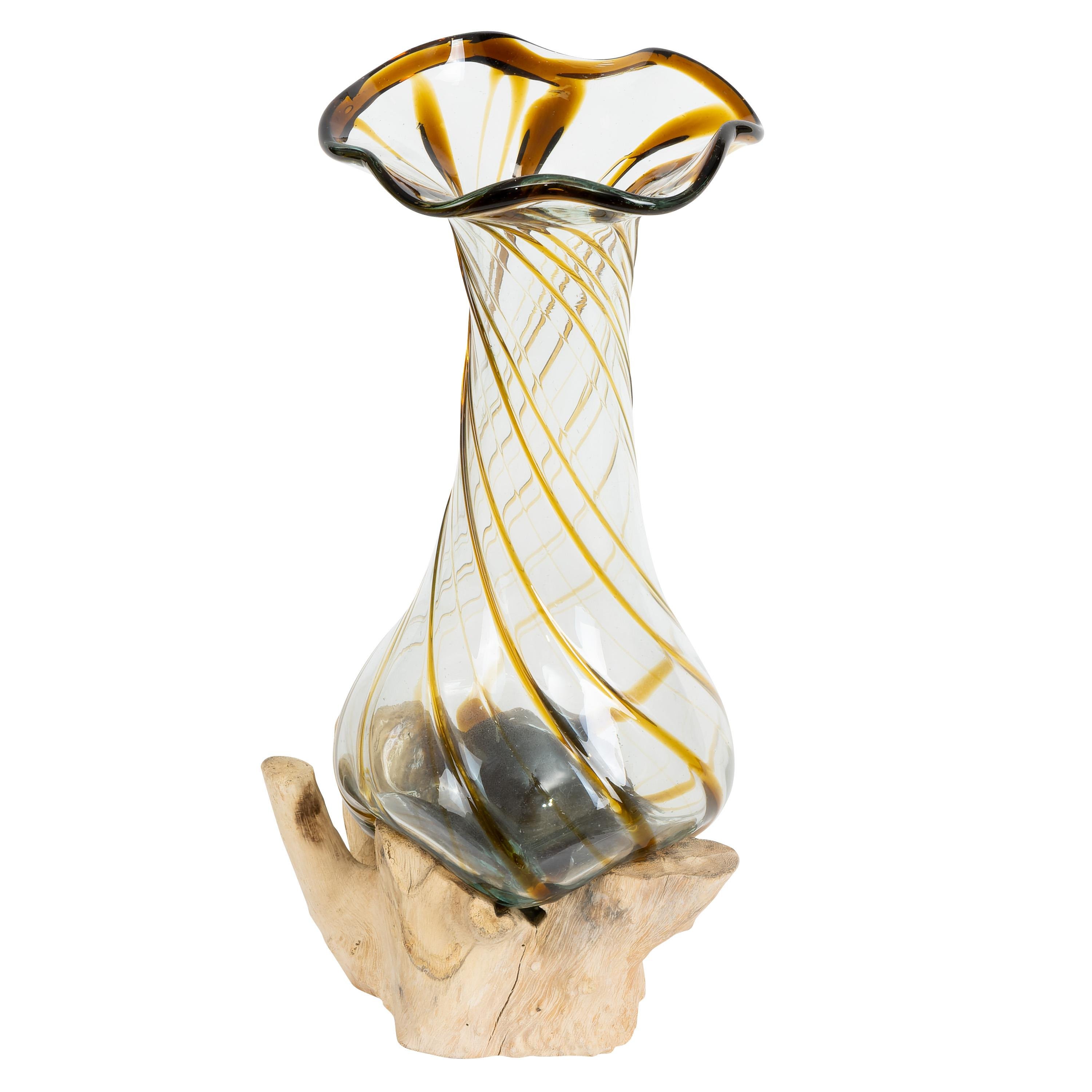 Vazo Ahşaba Cam Üfleme Bowl  25 cm Amber Çizgili