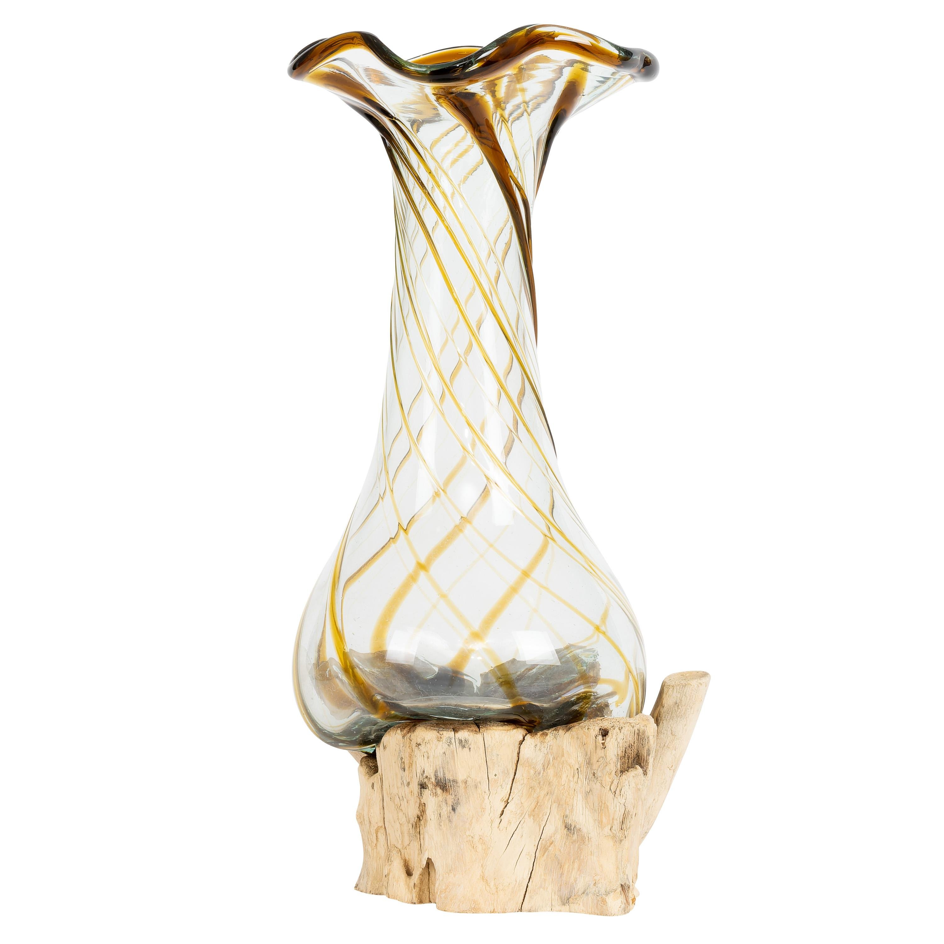 Vazo Ahşaba Cam Üfleme Bowl  25 cm Amber Çizgili