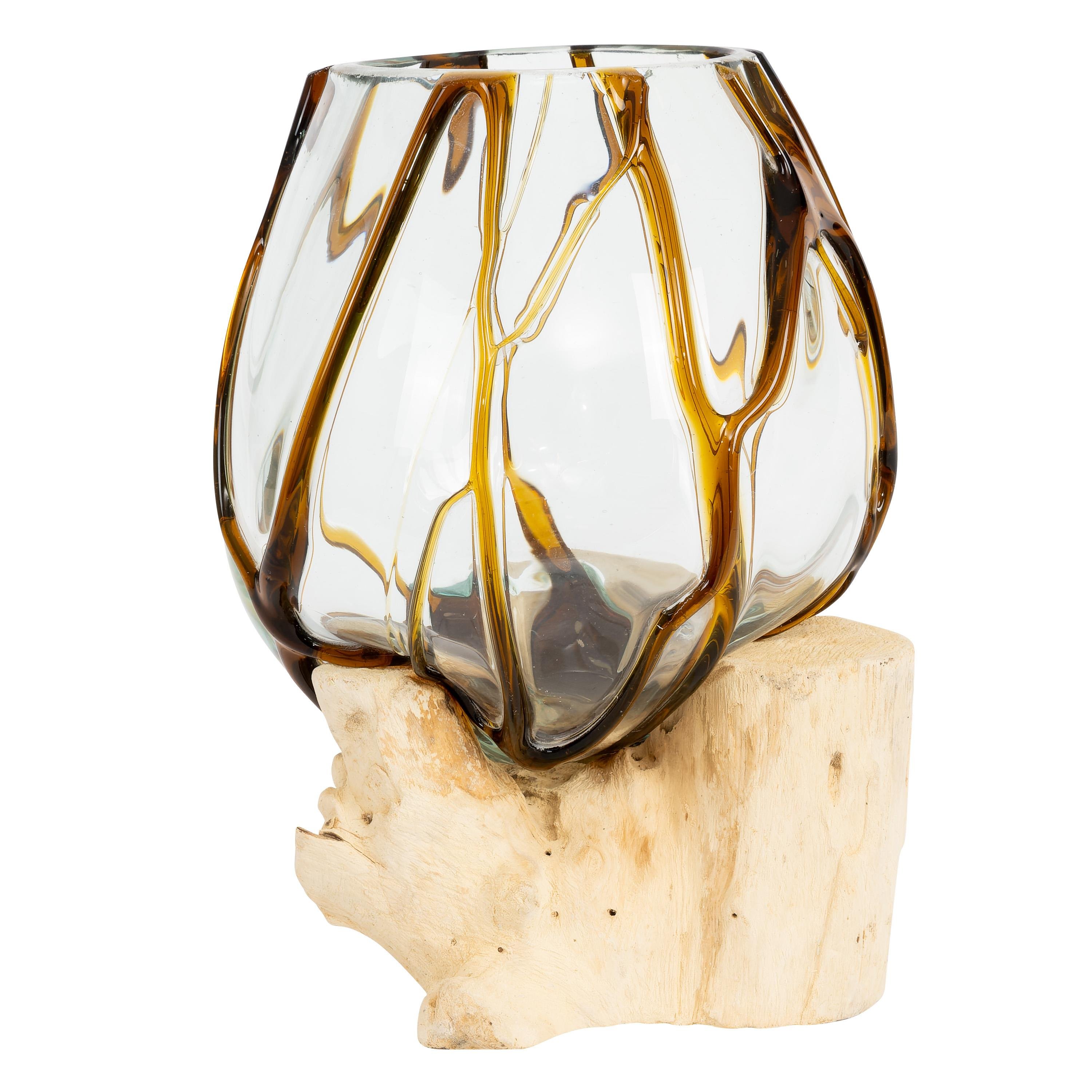 Vazo Ahşaba Cam Üfleme Damla 13 cm Amber Çizgili