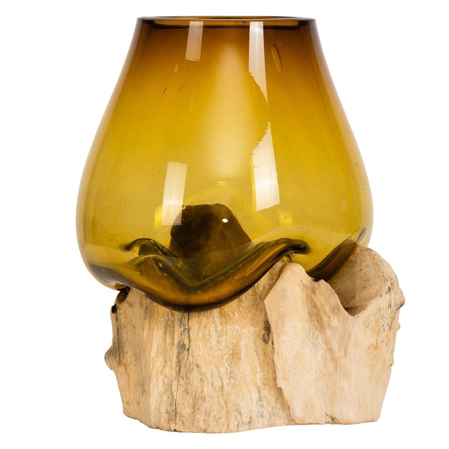 Vazo Ahşaba Cam Üfleme Damla 15 cm Amber