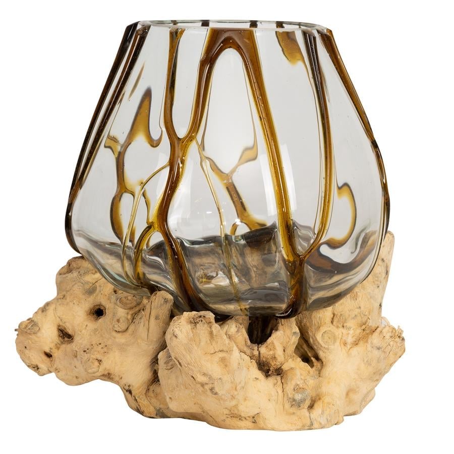 Vazo Ahşaba Cam Üfleme Damla 15 cm Amber Çizgili