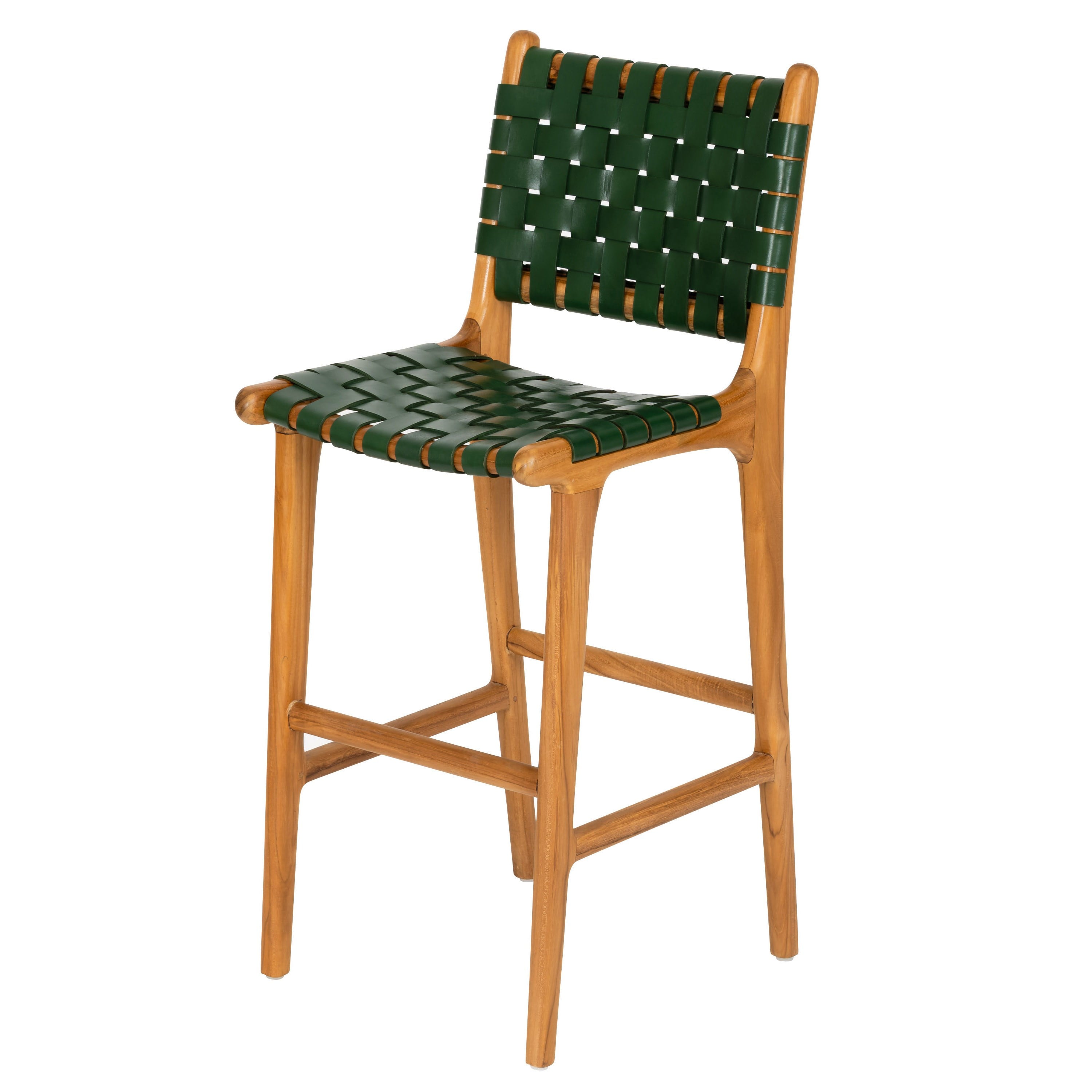 Yeşil Deri Oturumlu Teak Yüksek Naturel Renk Sandalye Y.65cm