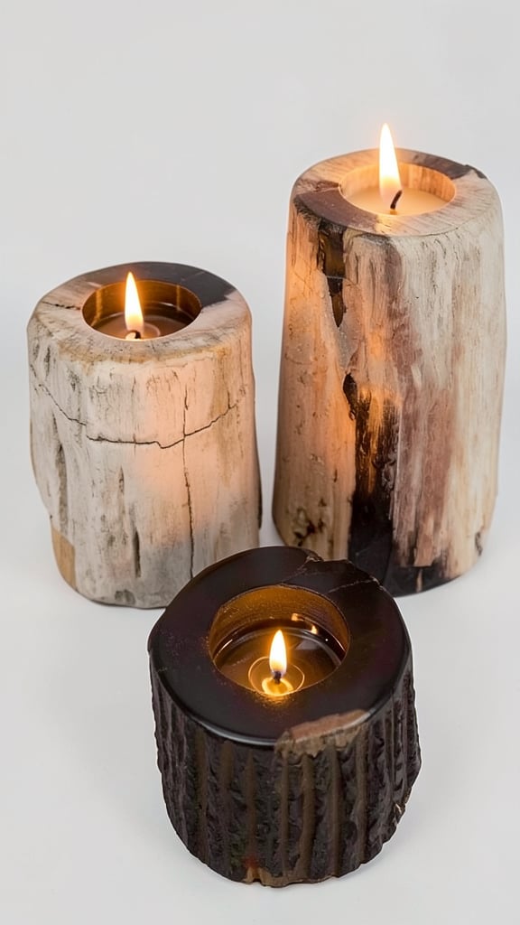 Yuvarlak Mumluk 3 lü Fosil Ağaç -8 cm x 8 cm x 12,10,8 cm