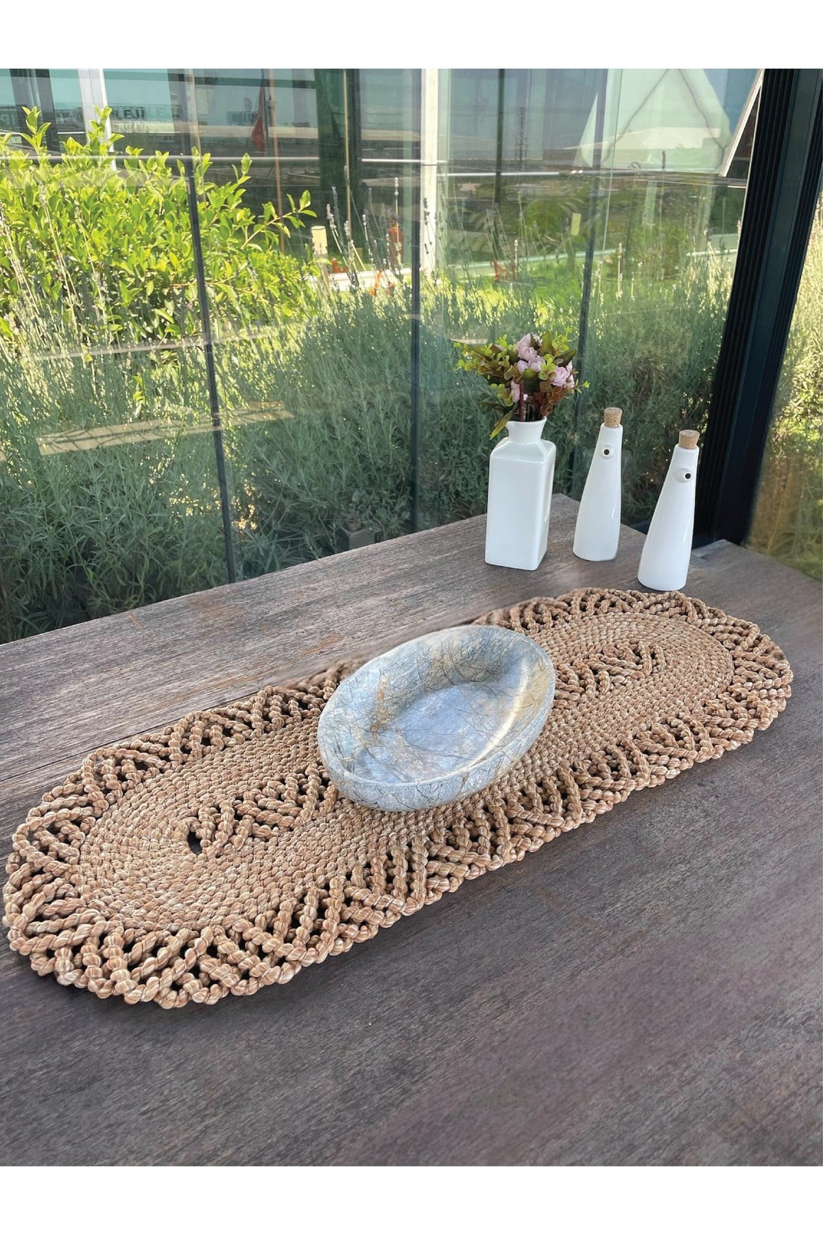 1 Adet Hasır Görünümlü Dekoratif Runner Leke Tutmaz Natural