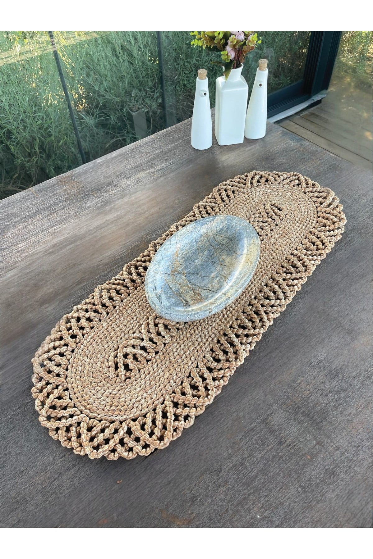 1 Adet Hasır Görünümlü Dekoratif Runner Leke Tutmaz Natural