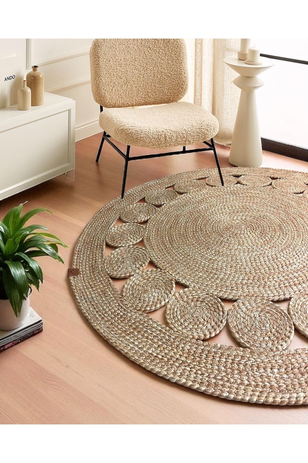 1 Adet Yuvarlak Parçalı Jüt Görünümlü Kilim 100 cm