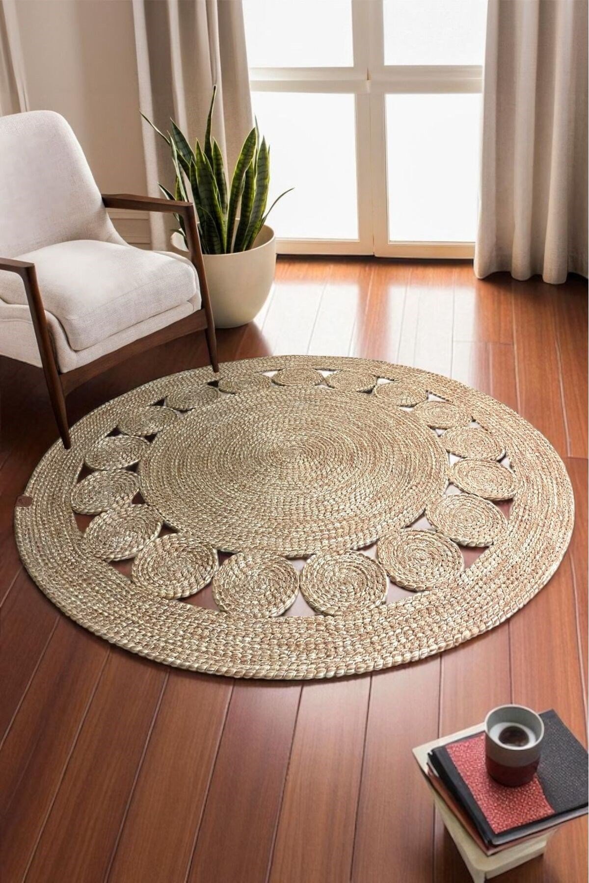1 Adet Yuvarlak Parçalı Jüt Görünümlü Kilim 100 cm