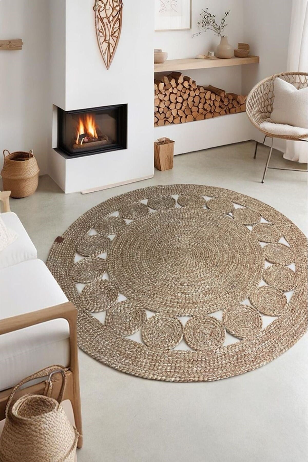 1 Adet Yuvarlak Parçalı Jüt Görünümlü Kilim 100 cm
