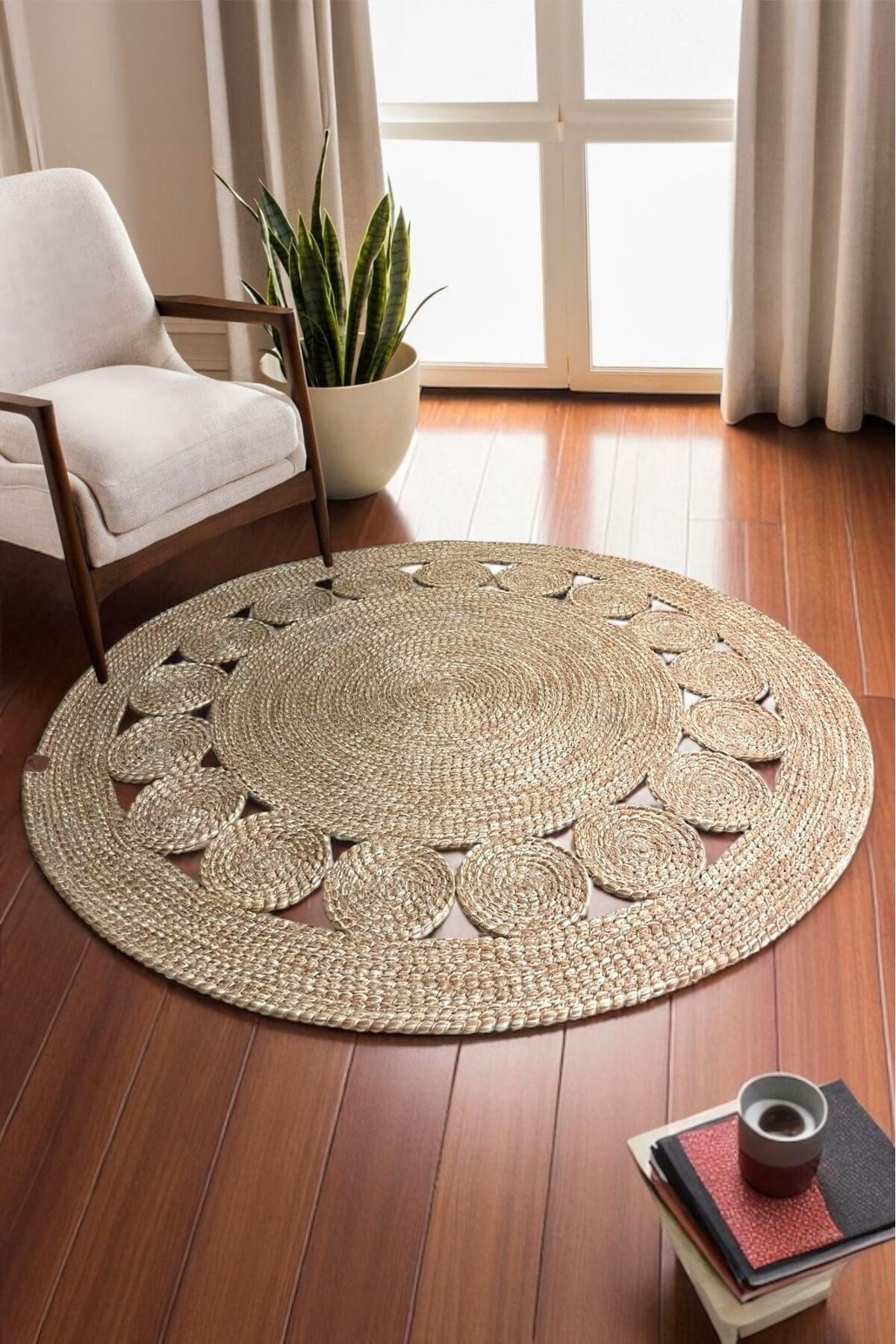 1 Adet Yuvarlak Parçalı Jüt Görünümlü Kilim 100 cm
