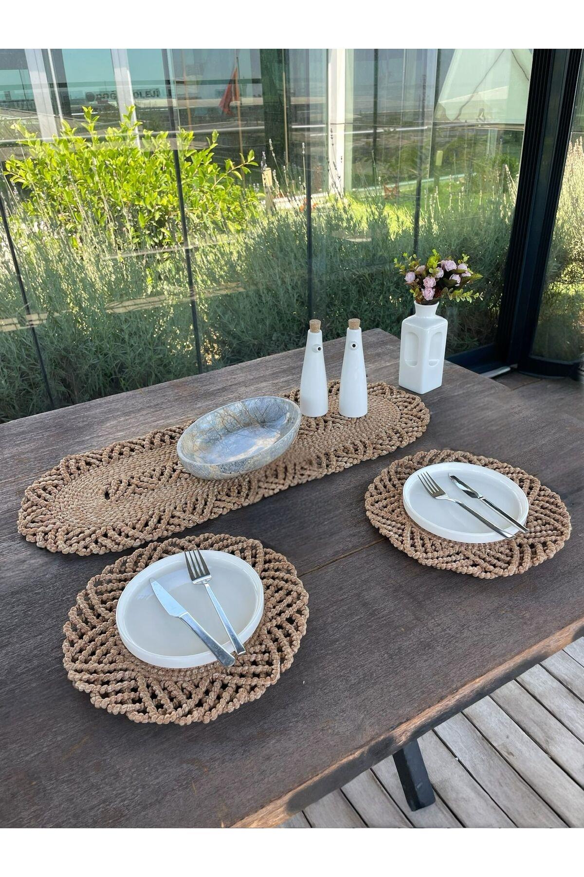 2 Kişilik Sofra Seti Hasır Görünümlü Amerikan Servis- Runner - Leke Tutmaz Natural