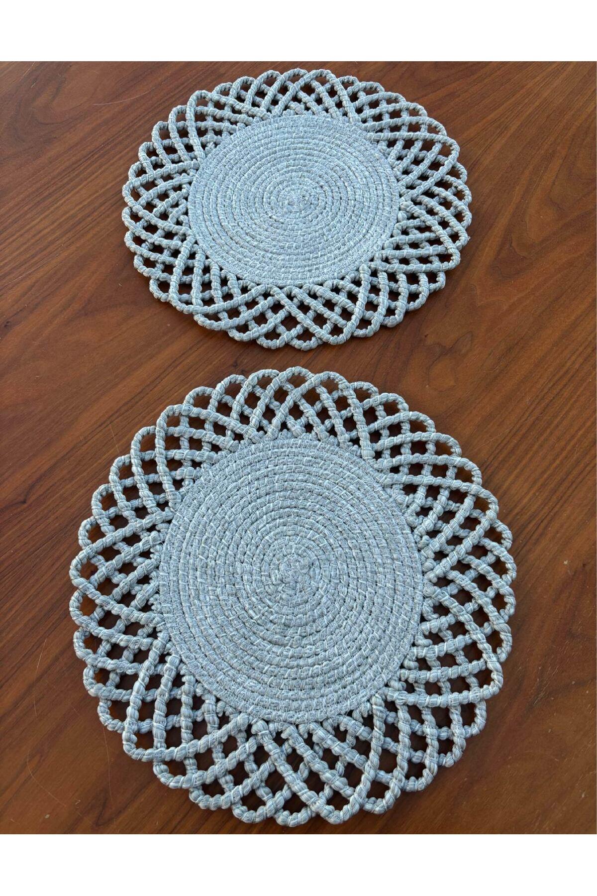 2 Kişilik Sofra Seti Hasır Görünümlü Amerikan Servis- Runner - Leke Tutmaz Gri