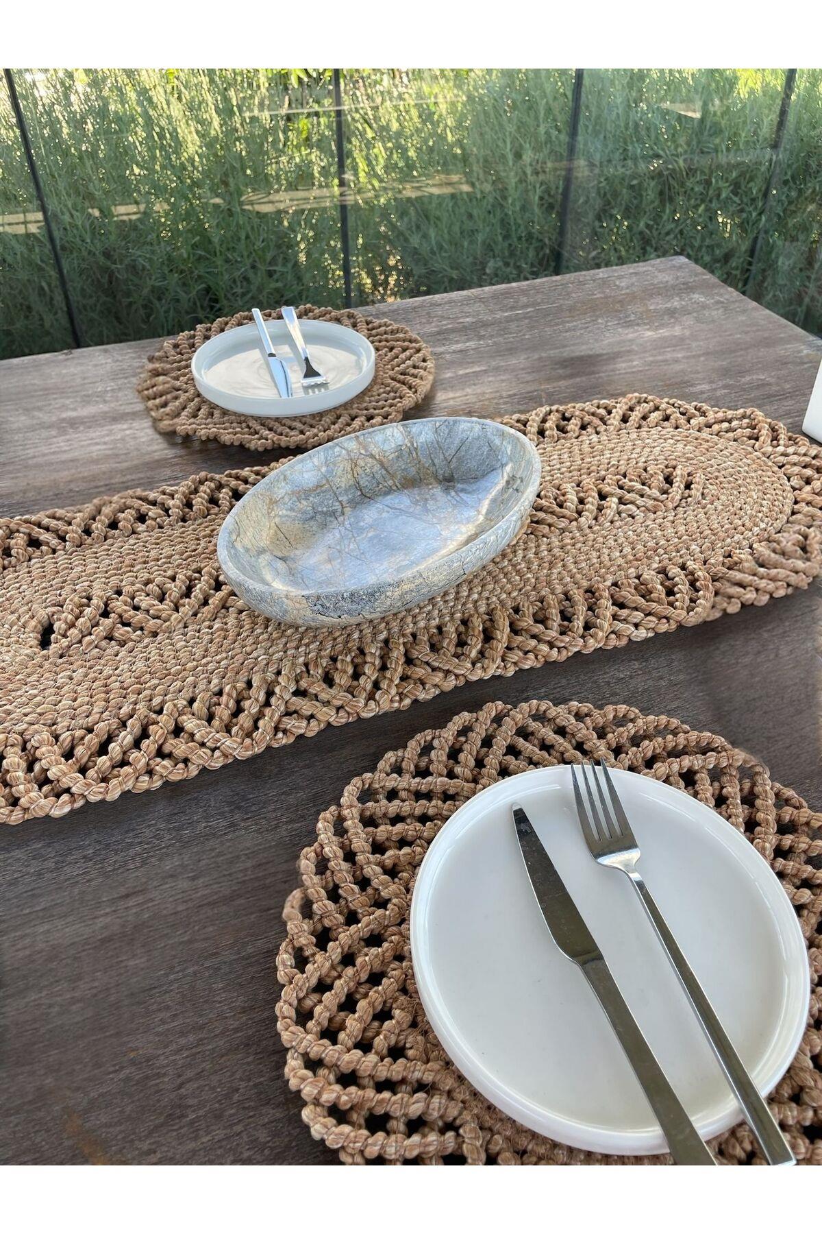 2 Kişilik Sofra Seti Hasır Görünümlü Amerikan Servis- Runner - Leke Tutmaz Natural