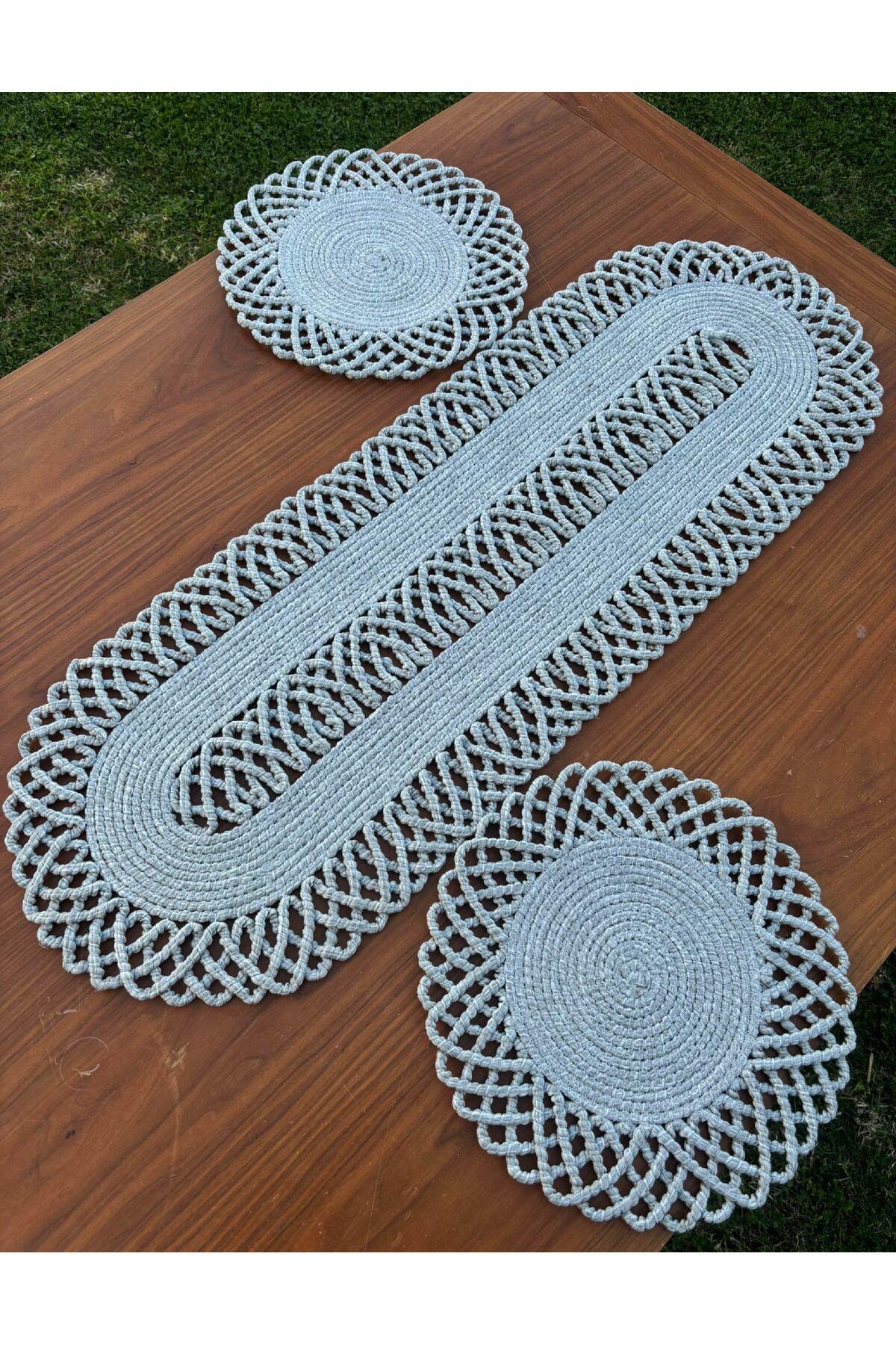 2 Kişilik Sofra Seti Hasır Görünümlü Amerikan Servis- Runner - Leke Tutmaz Gri