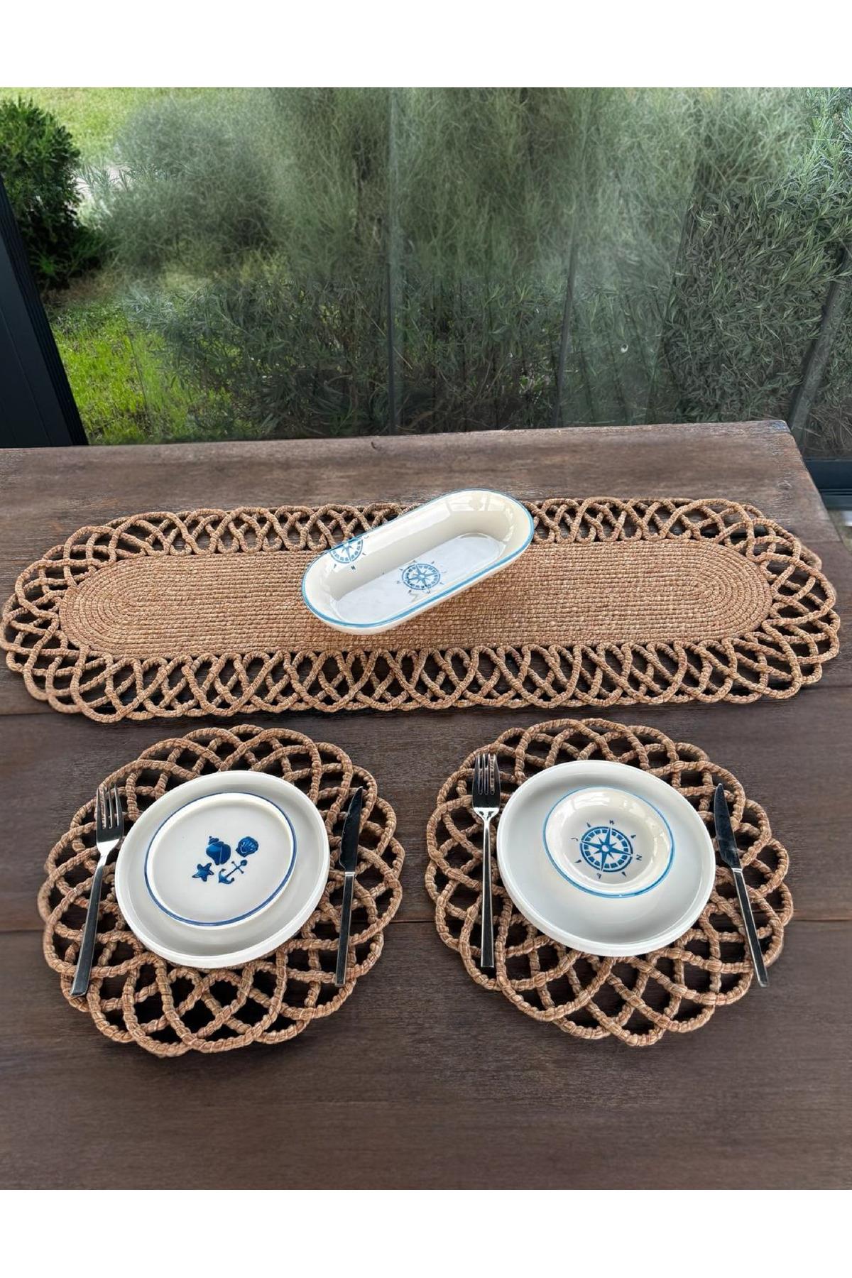 2 Kişilik Sofra Seti Hasır Görünümlü Amerikan Servis- Runner