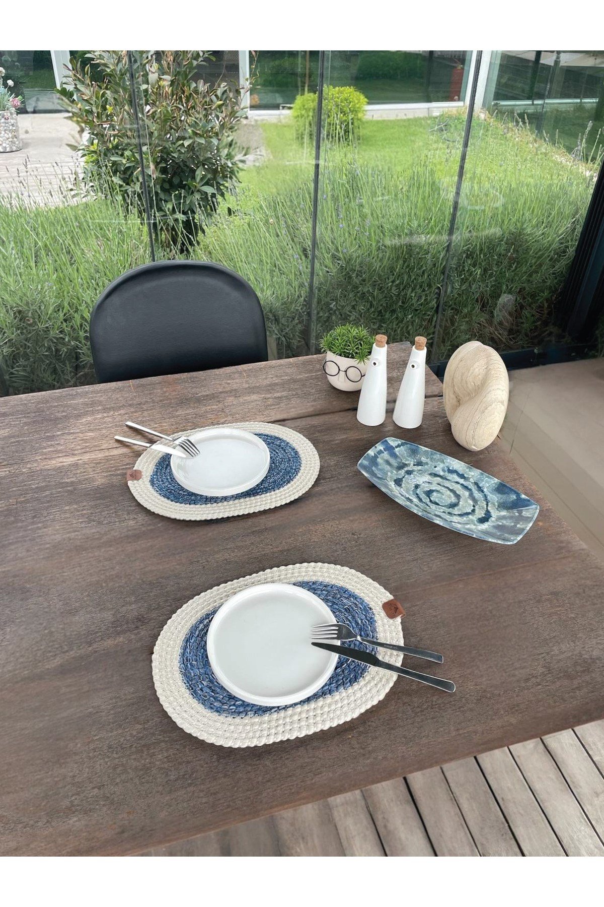 2’li Oval Model Amerikan Servis – Supla Leke Tutmaz, Beyaz-Mavi 40x28 Cm