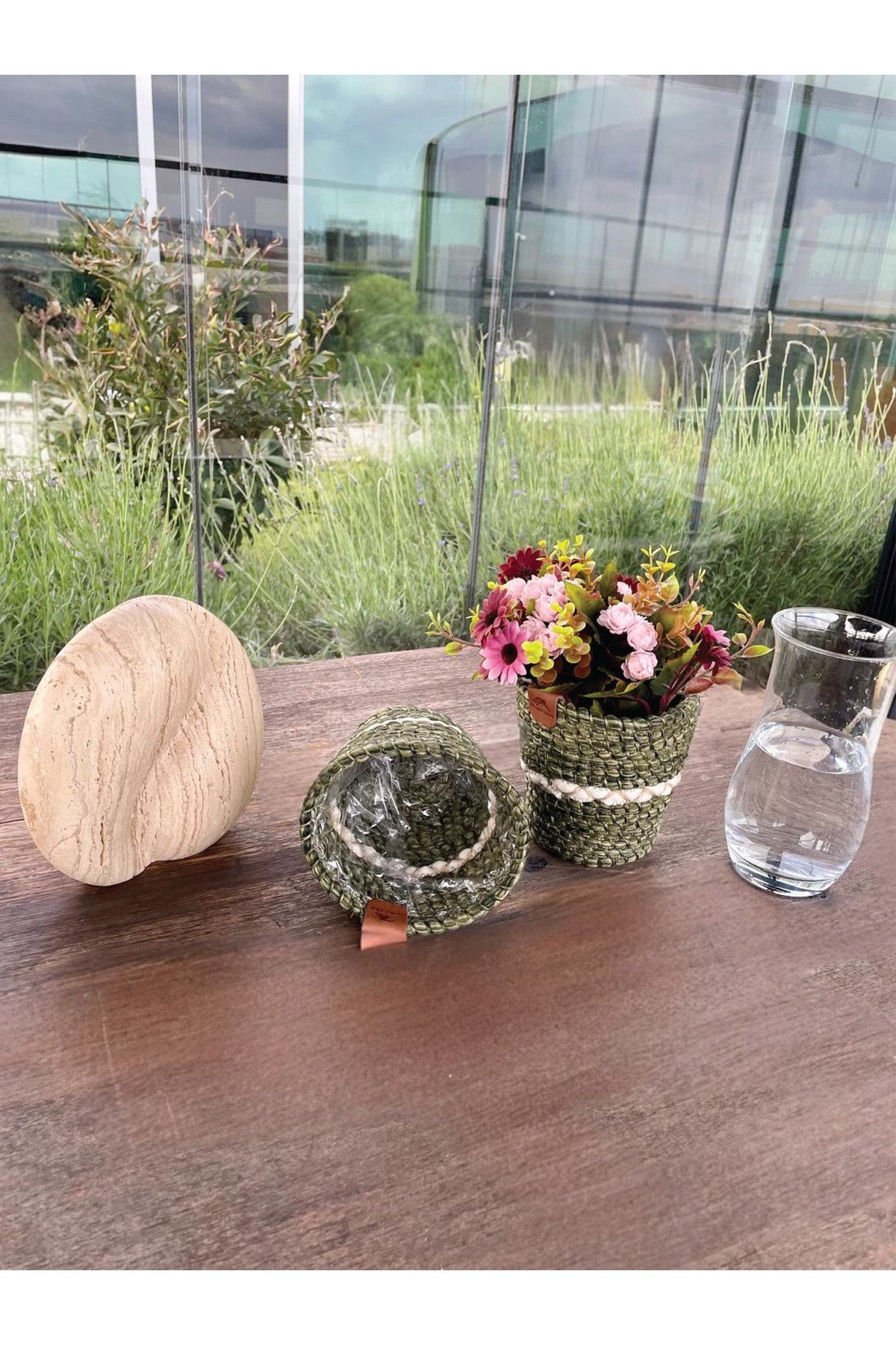 2'li dekoratif saksı sepet 15x16x10 cm Yeşil-Beyaz Leke tutmaz - İç poşetli