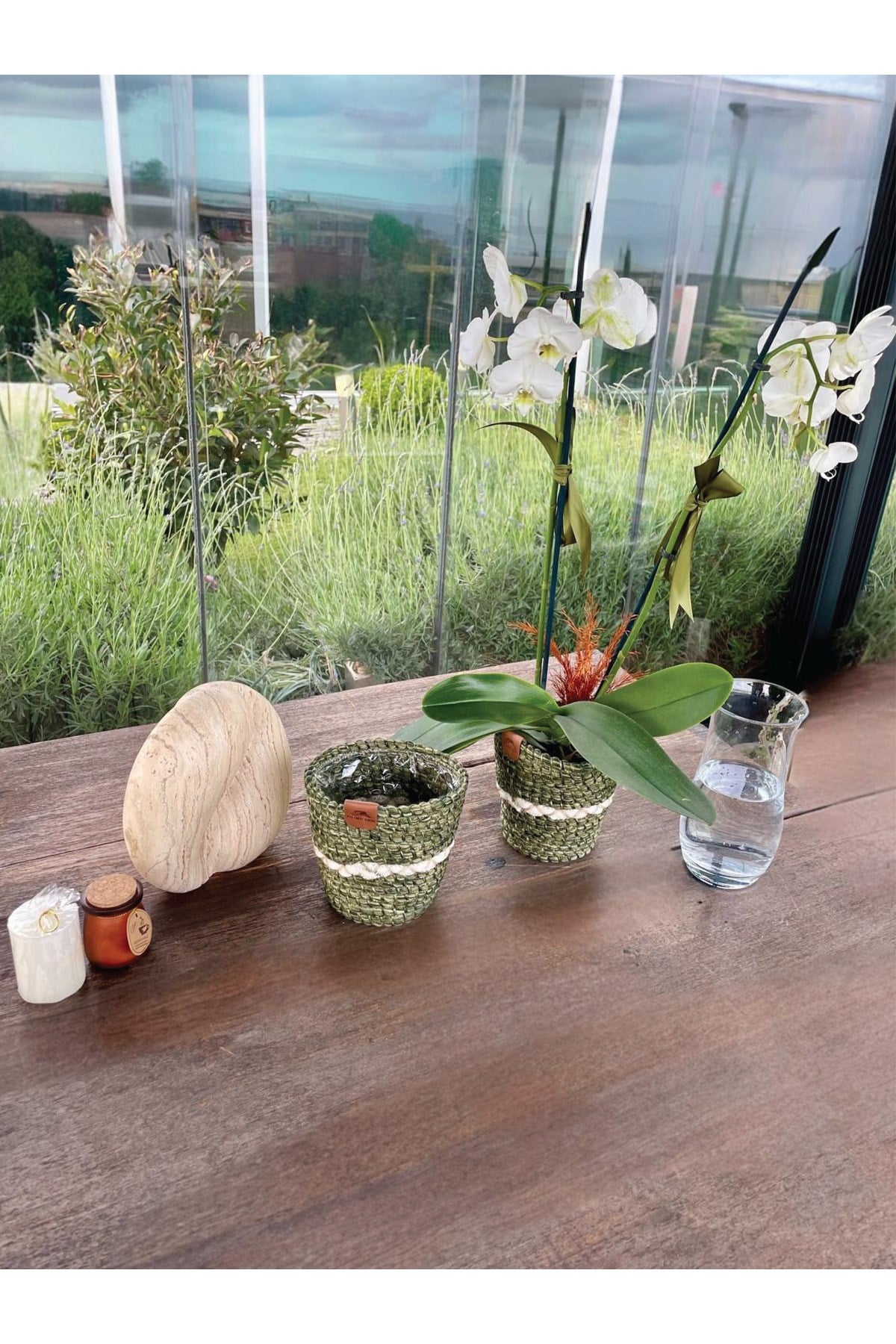 2'li dekoratif saksı sepet 15x16x10 cm Yeşil-Beyaz Leke tutmaz - İç poşetli
