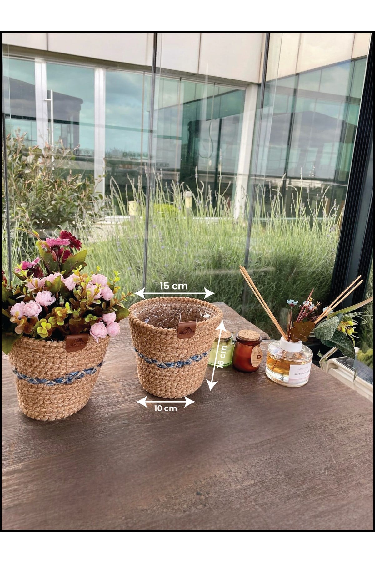 2'li dekoratif saksı sepet 15x16x10 cm Leke Tutmaz Natural - Beyaz