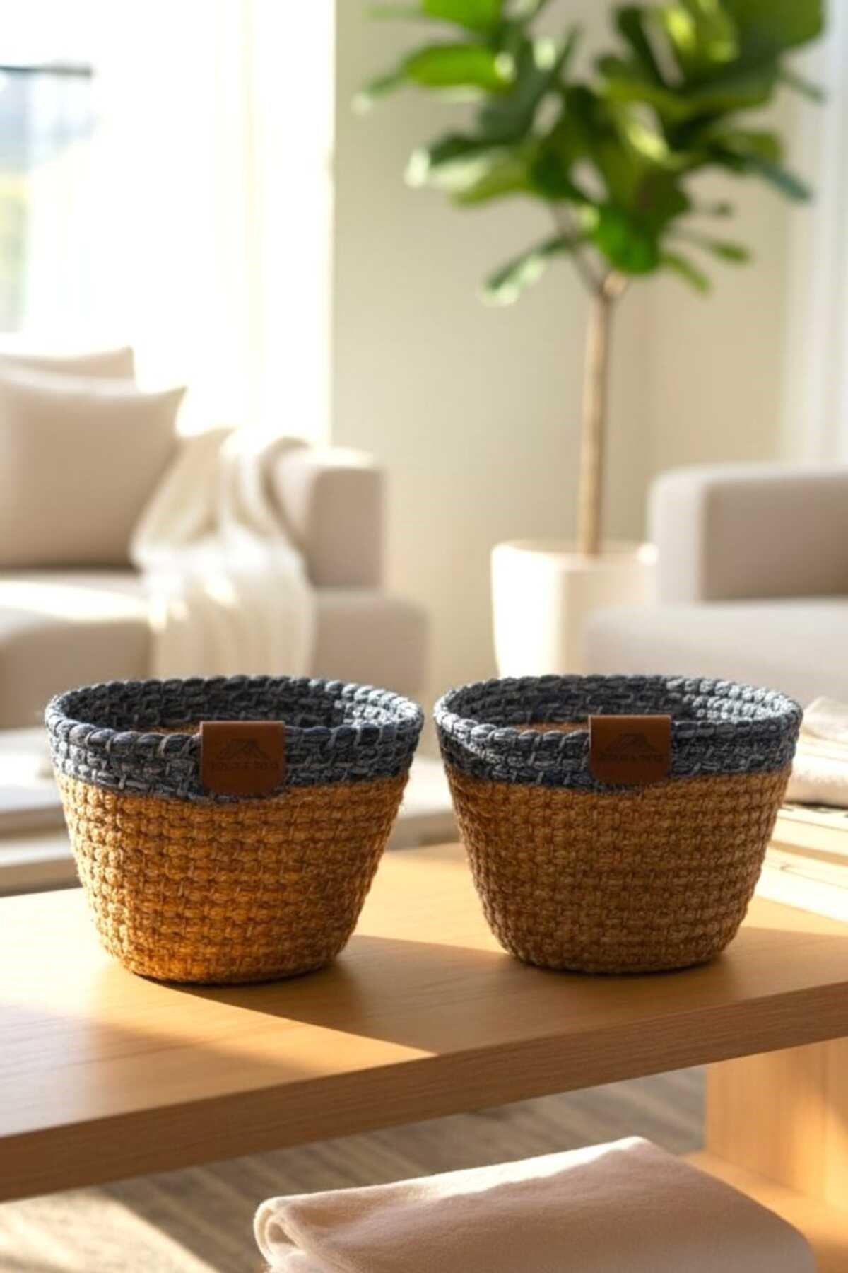 2'li Dekoratif Sepet Seti – El Örgüsü Organizer Sepet | Çok Amaçlı Kullanım (Mavi Bordürlü)